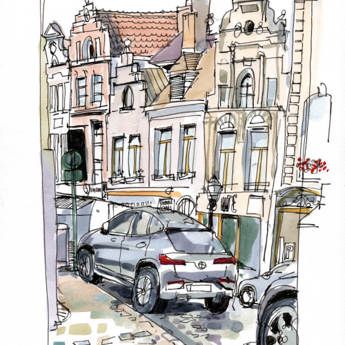 Illustration of a narrow European street with parked cars, cobblestones, and historic buildings with ornate facades. The buildings have decorative roofs and windows, and a small street lamp is visible. A potted plant adds a touch of color.