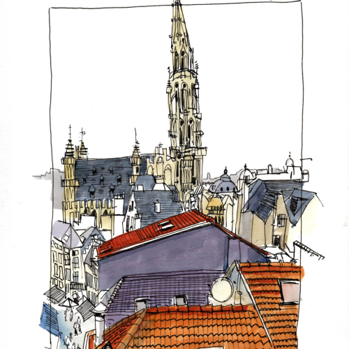 Illustration of a cityscape featuring a tall, ornate tower rising above Brussels Town Hall with intricate architecture. Rooftops in the foreground have red tiles, and small figures are sketched on a street below. The background is minimal.