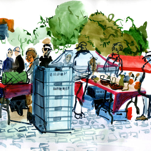 A colorful watercolor painting of a bustling outdoor market scene. People are shopping and browsing stalls lined with goods. Trees and greenery form the backdrop, while cobblestone paving suggests a quaint, lively atmosphere.