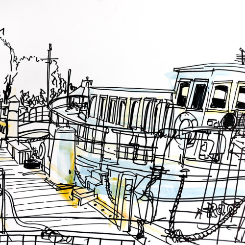 Sketch of a docked boat with railings and equipment on the deck. The scene includes a surrounding pier and trees in the background. The drawing features loose lines and minimal color accents, creating an abstract, impressionistic style.