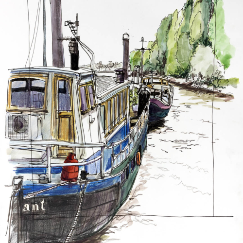 A detailed sketch of boats moored along a riverbank, with the name ant visible on the nearest boat. The background features lush green trees and a calm river under a clear sky, framed within a hand-drawn border.