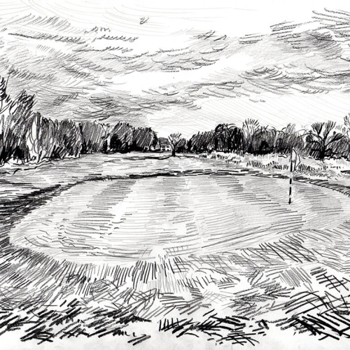 Black and white sketch of a golf course with a view of a green, a flagstick in the hole, and surrounding trees under a cloudy sky. The scene captures a peaceful, open landscape.