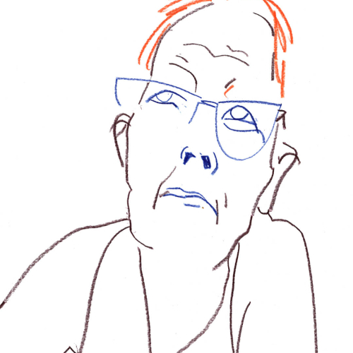 Minimalistic line drawing of an elderly woman with short hair, wearing blue glasses. The lines are primarily in black, with red accents on the hair and blue on the glasses. The person appears to be looking upwards.