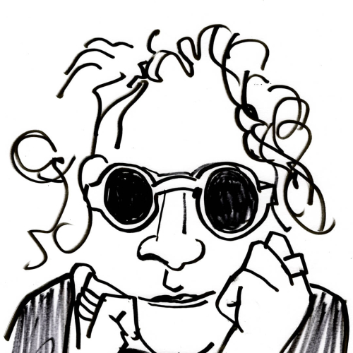 A sketch of a person with curly hair wearing round sunglasses. Their hands are on their cheeks, and they have an introspective expression. The drawing is in black on a white background.