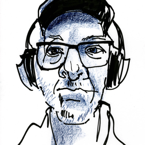 A sketch of a person wearing large headphones, a cap, and glasses. The drawing uses bold black lines and blue shading to depict facial features and expressions. The persons gaze is directed slightly away from the viewer.
