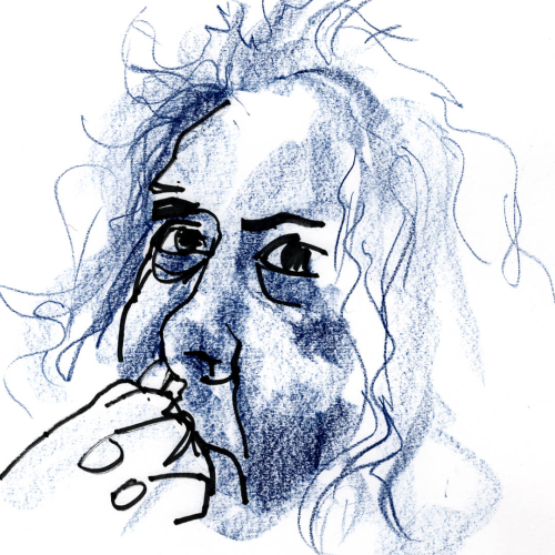 A sketch of a person with tousled hair, drawn in dark blue lines. The person is pressing their hand to their lips, creating a pensive expression. The drawing is rough and expressive, capturing a moment of contemplation.