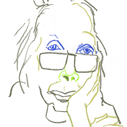 A minimalist line drawing of a person wearing glasses, resting their head on one hand. The sketch uses varied line colors, including green, blue, and grey, to outline facial features and hair.