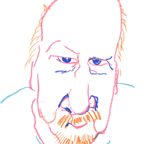 Colorful sketch of a man with exaggerated features, such as a prominent nose and beard. His expression seems contemplative, with raised eyebrows. The drawing is done in pastel shades of orange, blue, and pink.