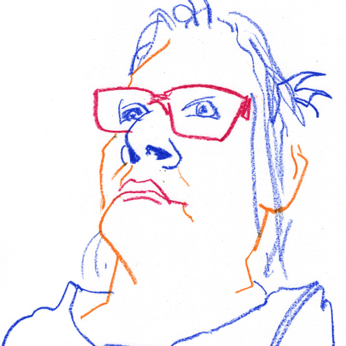 A colorful line drawing of a person wearing glasses. The sketch is abstract, using red, blue, and orange lines to depict prominent facial features and hair in a simple, expressive style.