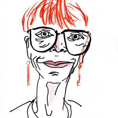 Line drawing of a person with short red hair, large glasses, and earrings, on a plain background. The illustration uses simple black, red, and pink lines, giving it a stylized look.