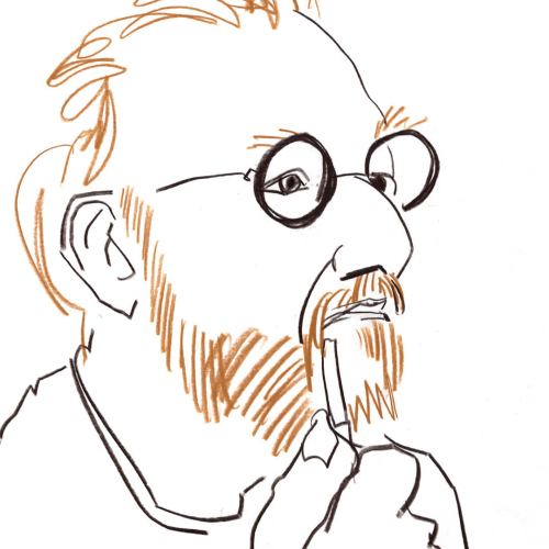 A sketch of a bearded man with glasses holding a pencil. The drawing uses simple lines with brown shading for hair and beard details. The man appears thoughtful, and the overall style is minimalistic and expressive.