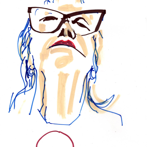 A stylized drawing of a person looking upward, wearing large, dark-rimmed glasses. The illustration is minimalistic with bold lines, featuring mainly tan and blue colors, and a red circle near the neckline.
