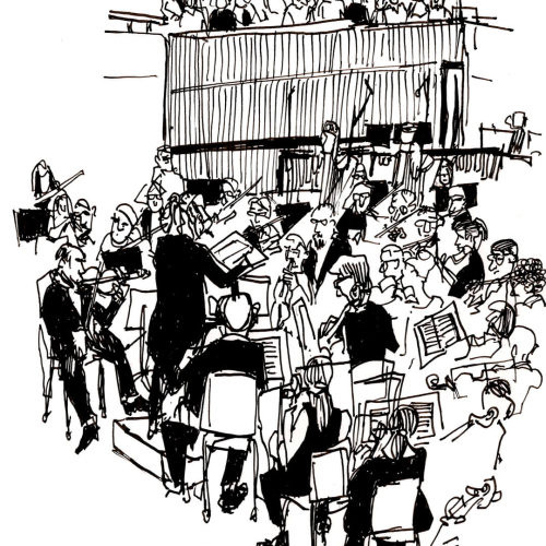 A black and white illustration of an orchestra in performance. Musicians play various instruments, including strings and winds, under the direction of a conductor, with an audience seated above. The scene is lively and detailed.