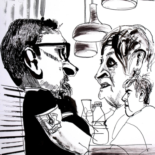 A black and white sketch shows three people at a table in a café. Two are facing each other with exaggerated features, wearing glasses and earrings. The third person is seated in profile, holding a cup. Pendant lights hang above.