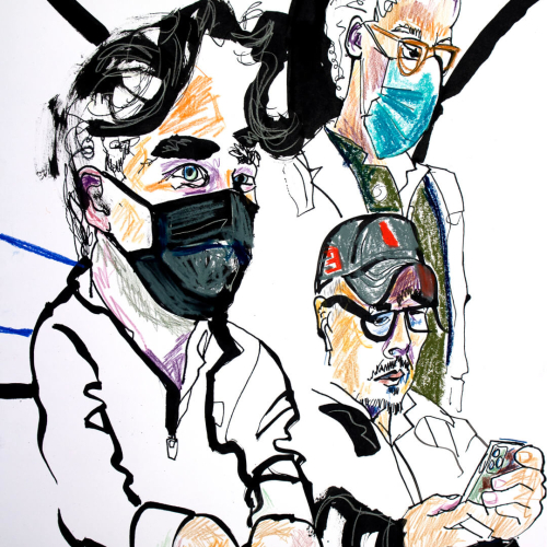 Three individuals are depicted in a stylized drawing. They wear masks and jackets. One holds a phone, another wears a cap and glasses, and the third has curly hair. The background is abstract with bold lines.
