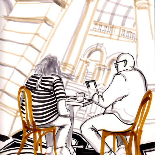 Illustration of two people seated at a café table. One reads a book, while the other faces away. The background features architectural elements like columns and arches. Both figures and furniture are drawn in black and brown lines.
