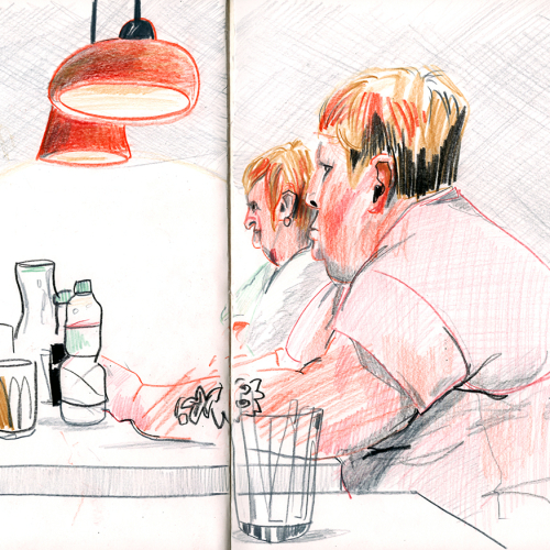 A sketch of two people sitting at a table with bottles and glasses. They are under a red lamp, with focus on their side profiles. The background is lightly shaded with pencil.