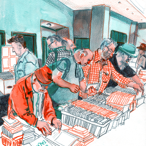 Illustration of people browsing tables filled with books in a brightly lit indoor space. Most of them wear casual clothing, and one person in the foreground is drawing or writing. The scene has a lively and informal atmosphere.