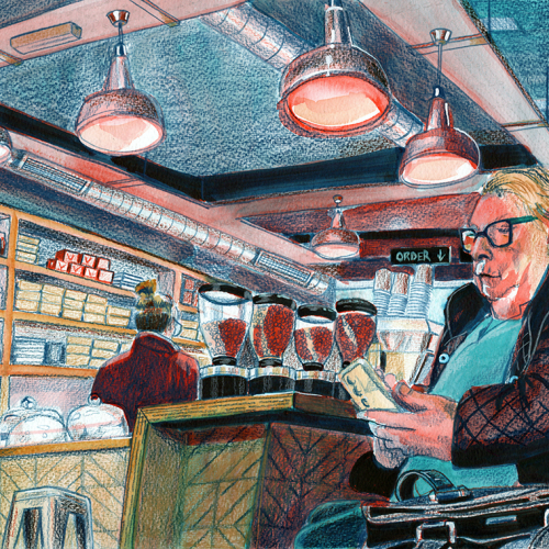 A vibrant illustration of a coffee shop interior with warm lighting. A person with glasses sits at a counter, using a smartphone. Behind them, another person stands near shelves stocked with coffee supplies and baked goods.