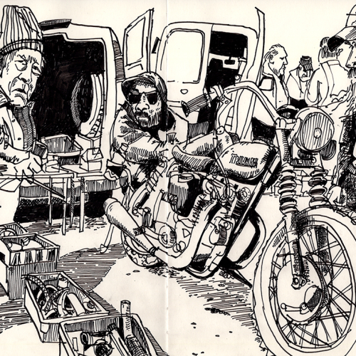A black and white illustration of a group of bearded men working on a motorcycle next to a van. They are surrounded by tools, boxes, and equipment. Some men observe while one sits on the motorcycle. The setting appears outdoors.