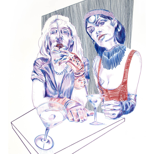Illustration of two women with different attire, seated at a table with two martini glasses. The woman on the left wears striped gloves, while the woman on the right has a headband and necklace. Background features vertical lines.