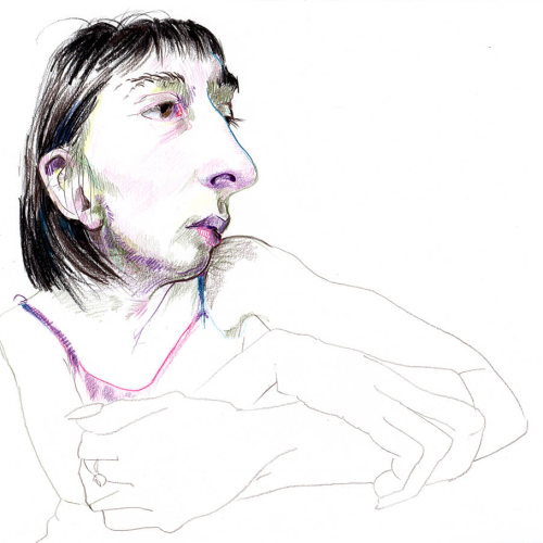 Illustration of a woman with exaggerated facial features, long nose, and short hair. The person appears to be resting their head on one hand with the other hand visible in the foreground. The drawing uses minimal color and outlines.