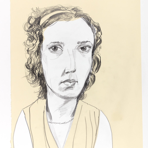 A sketch of a woman with curly hair, wearing a sleeveless top and a headband, looking forward. The background is a plain light beige.