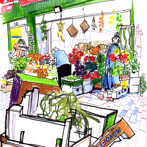 Illustrated scene of a colorful produce market. People shop at stalls filled with fruits and vegetables under a red awning labeled AZIZ. A variety of produce, including carrots and leafy greens, fills the vibrant composition.