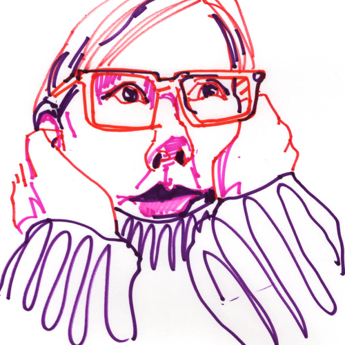 Colorful abstract portrait of a woman with large glasses, resting their face in their hands. The drawing features bold lines in red, purple, and pink on a white background, creating a whimsical and expressive look.