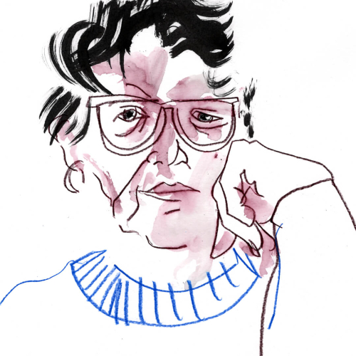 Portrait of a person with short, wavy black hair, wearing large glasses and a blue collared shirt. The person appears thoughtful, resting one hand on their cheek. The style is expressive with bold lines and soft colors.