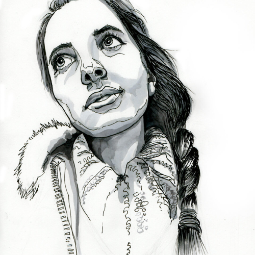 Black and white sketch of a woman looking upwards. She has long hair styled in a braid and is wearing a jacket with a fur-lined collar. The drawing has detailed shading, giving depth to her facial features and clothing.