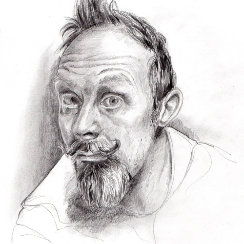 Pencil sketch of a man with a wide-eyed expression, styled hair, a curled mustache, and a pointed beard. The shading highlights the facial features and gives a textured appearance to the portrait.