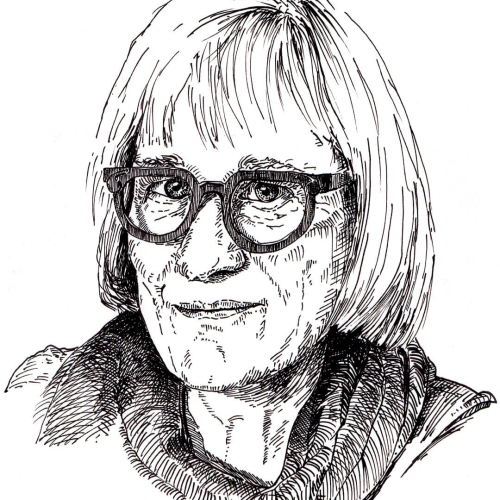 Black and white sketch of a person with short hair and glasses. They are wearing a collared garment and have a neutral expression. The drawing uses detailed line work for texture and shading.