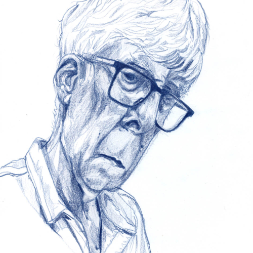 Pencil sketch of an older man wearing glasses and a collared shirt, looking slightly to the side. Their expression appears thoughtful, with detailed shading depicting their features and hair.
