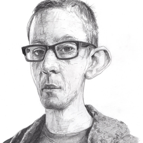 Drawing of a man with short hair, glasses, and prominent ears, wearing a textured jacket. The expression appears neutral. The pencil sketch is detailed, with shading emphasizing facial features.