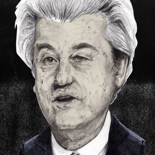 Illustrated portrait of an older man, Geert Wilders, with thick white hair and a slightly furrowed expression. He wears a dark suit with a white shirt and a blue tie. The background is a mix of dark shades, creating a dramatic contrast with the figure.