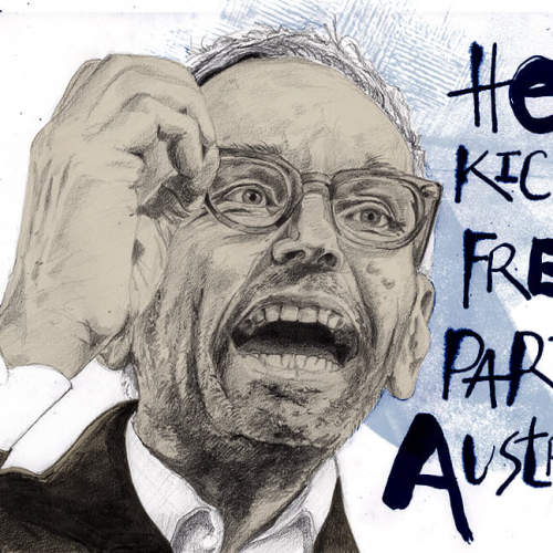 Illustrated portrait of Herbert Kickl wearing glasses, appearing to speak passionately. The words Herbert Kickl, Freedom Party of Austria are artfully written beside him, with a blue and white textured background.