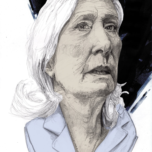 A detailed sketch of Marine Le Pen with long white hair, wearing a light-coloured blazer. The artwork features strong lines and shading, set against a dark, abstract background, creating a dramatic and expressive effect.
