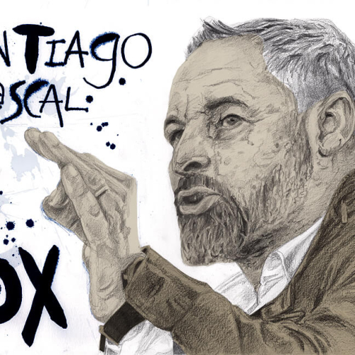 A caricature illustration of Santiago Abasca gesturing with one hand against a light background. The sketch-like style, in shades of black and gray, prominently features SANTIAGO ABASCAL and VOX in bold letters.