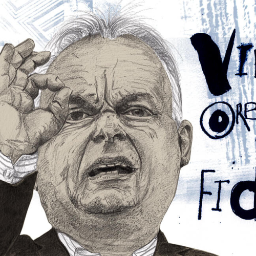 Viktor Orban caricature in a suit, gesturing near his eye. The background displays abstract patterns and features the words Viktor Orbán Fidesz in stylised text.
