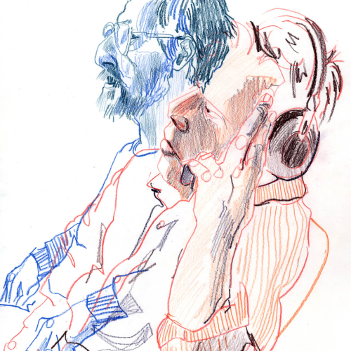 Pencil drawing of two people side by side. One wears glasses and appears thoughtful, sketched in blue. The other listens to music through headphones, sketched in red. Both are in profile, with relaxed expressions against a white background.