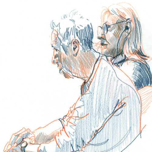 Sketch of two people sitting side by side, both facing left. The front person is drawn in orange, appearing thoughtful. The person behind is sketched in blue, wearing glasses and leaning slightly forward, resting an arm on the chair.