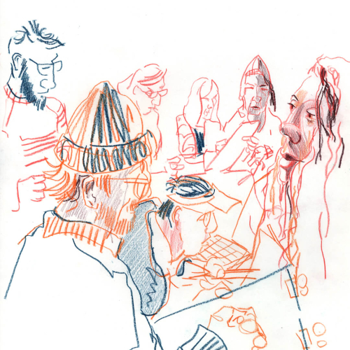 A colorful sketched illustration featuring several people engaged in various activities. One person wears a knitted hat while others focus on a laptop. The styles and colors create a dynamic and lively atmosphere.