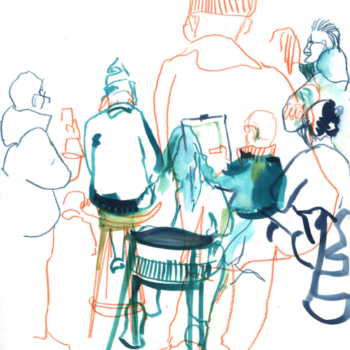 Colorful line drawing of several people in a casual setting. Some are sitting on stools, others standing, each sketched in vibrant, overlapping lines of blue, orange, and green on a white background.