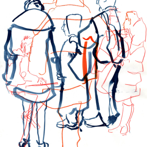 Abstract sketch of a group of people drawn in overlapping blue and red lines. Figures are shown in varied positions, suggesting movement and interaction, with minimal detail and an expressive style.