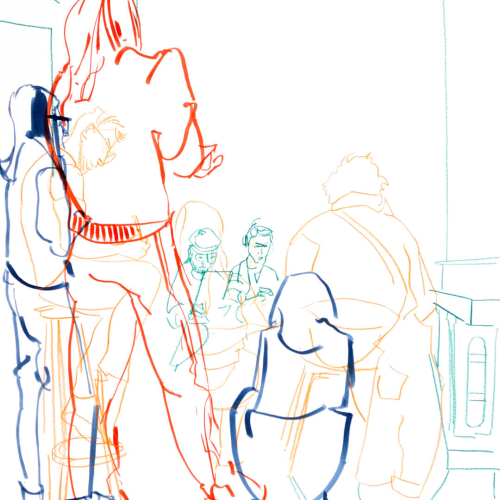 Line drawing of a group of people in a casual setting. Some are seated, others standing. Loose, sketchy lines depict the figures in orange, blue, and green against a plain background.