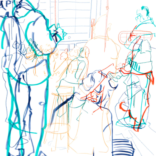 A colorful, abstract line drawing depicts people in various poses. The figures are sketched with overlapping red, blue, and green lines, suggesting a busy public scene with diverse activities and interactions.