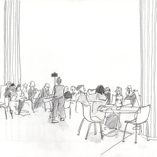 A sketched scene of people sitting and socializing at a café with two large columns. Some are on their phones, while others are having conversations at tables. A person stands near the back, holding a phone or camera.