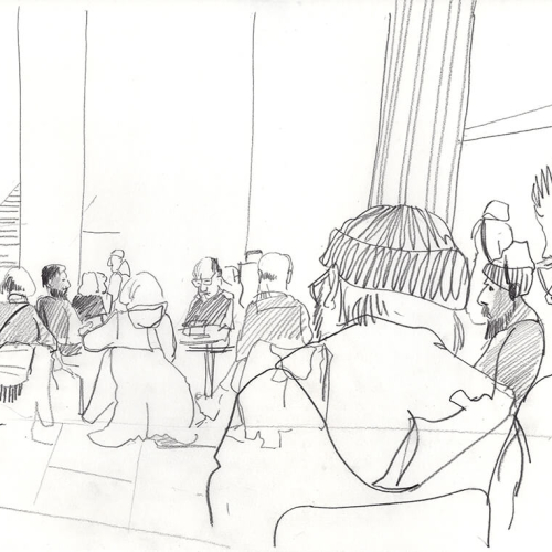 A pencil sketch of a group of people sitting together in a room with large windows. Some are wearing hats and facing a central figure, suggesting a gathering or discussion. Stairs are visible in the background.