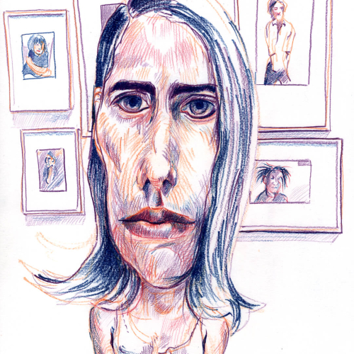 Caricature of PJ Harvey with exaggerated features, long hair, and a serious expression. The background shows several framed pictures hanging on a wall. The artwork uses a mix of muted colors and sketch-like lines.